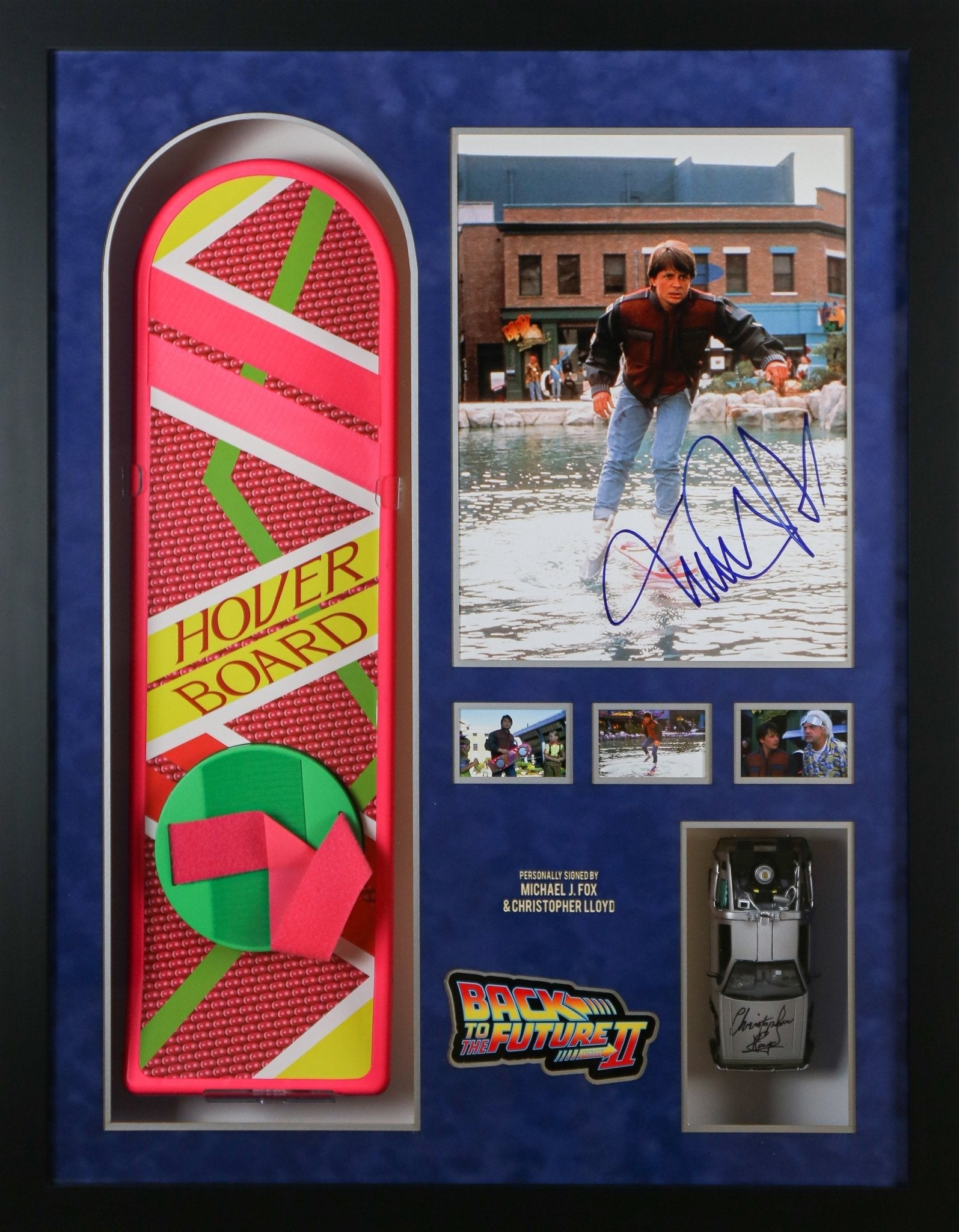 Michael J Foxx and Christopher Lloyd , Back To The Future Signed Framed Display With Hoverboard - Memorabilia Framers Shop